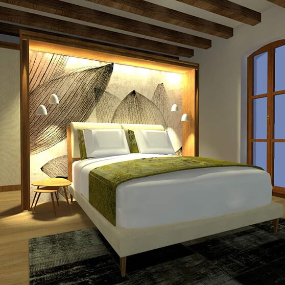 Schlafzimmer mit beleuchteter Rückwand beim Bett