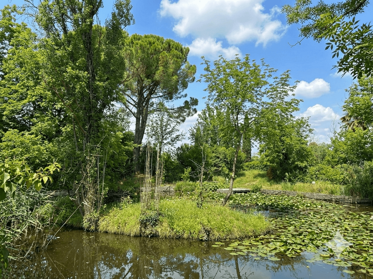Ansicht des mediterranen Parks mit grosser Teich bzw. Pool
