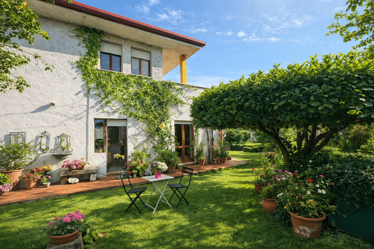 Mediterranen Ansicht des zum Verkauf stehendes Hauses mit großem Garten