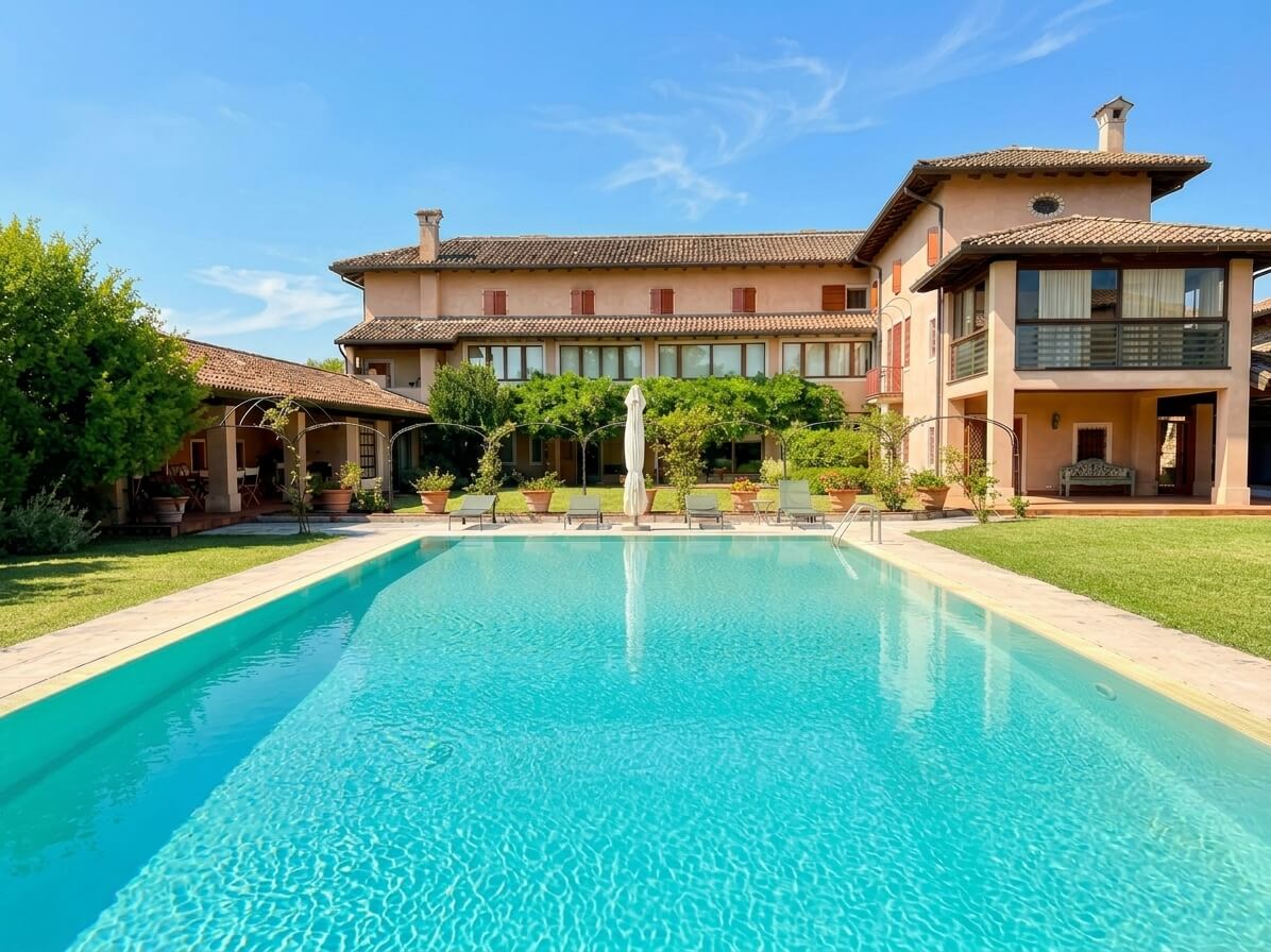 Hauptansicht des Anwesens mit Swimmingpool